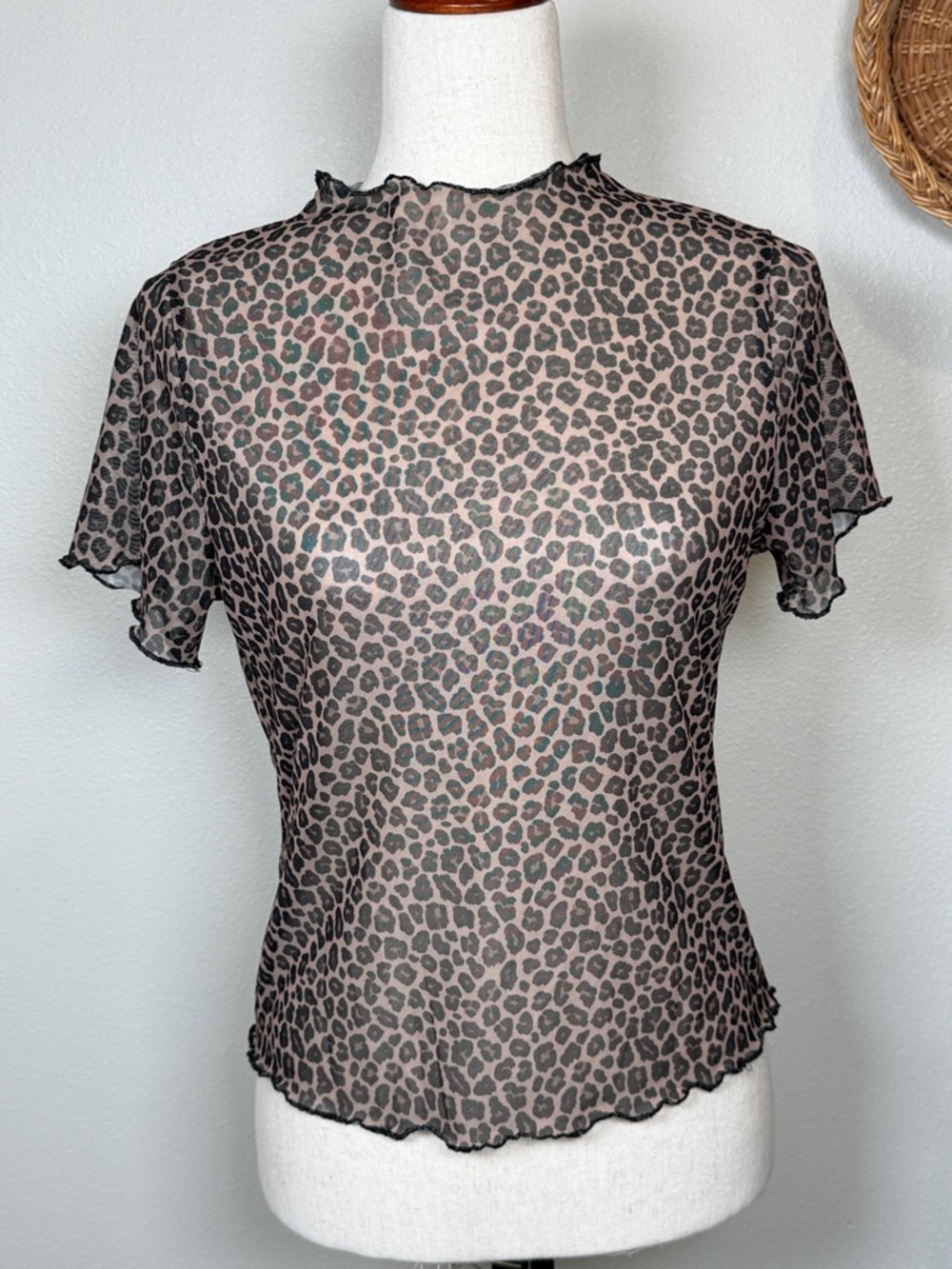 Y2k Style Leopard Mesh Stretchy Short Ruffle Sleeve Top Sheer Size X-Large